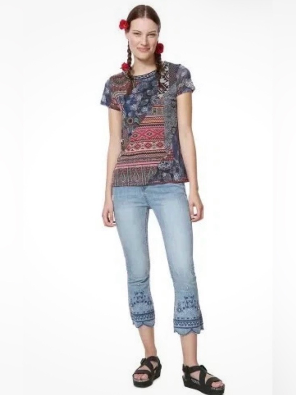 Desigual Ladies Lucia Artisan Patchwork Boho T-shirt (Style 19SWTKCK) Size M